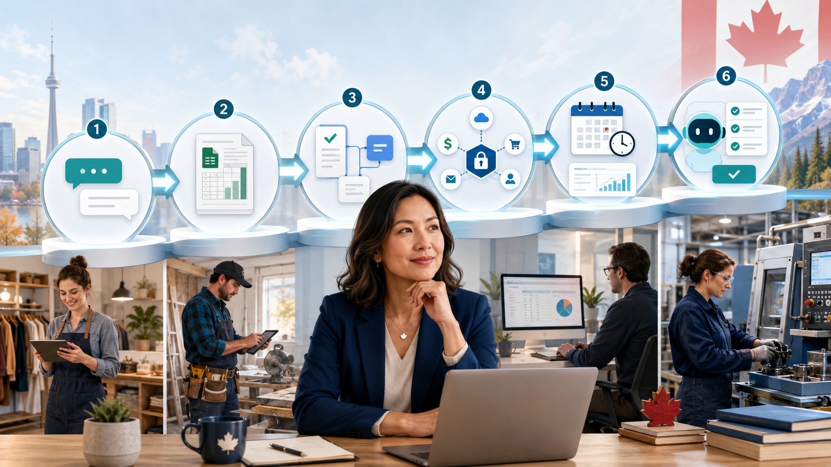 Illustration of a business owner progressing from simple AI prompts to autonomous agents